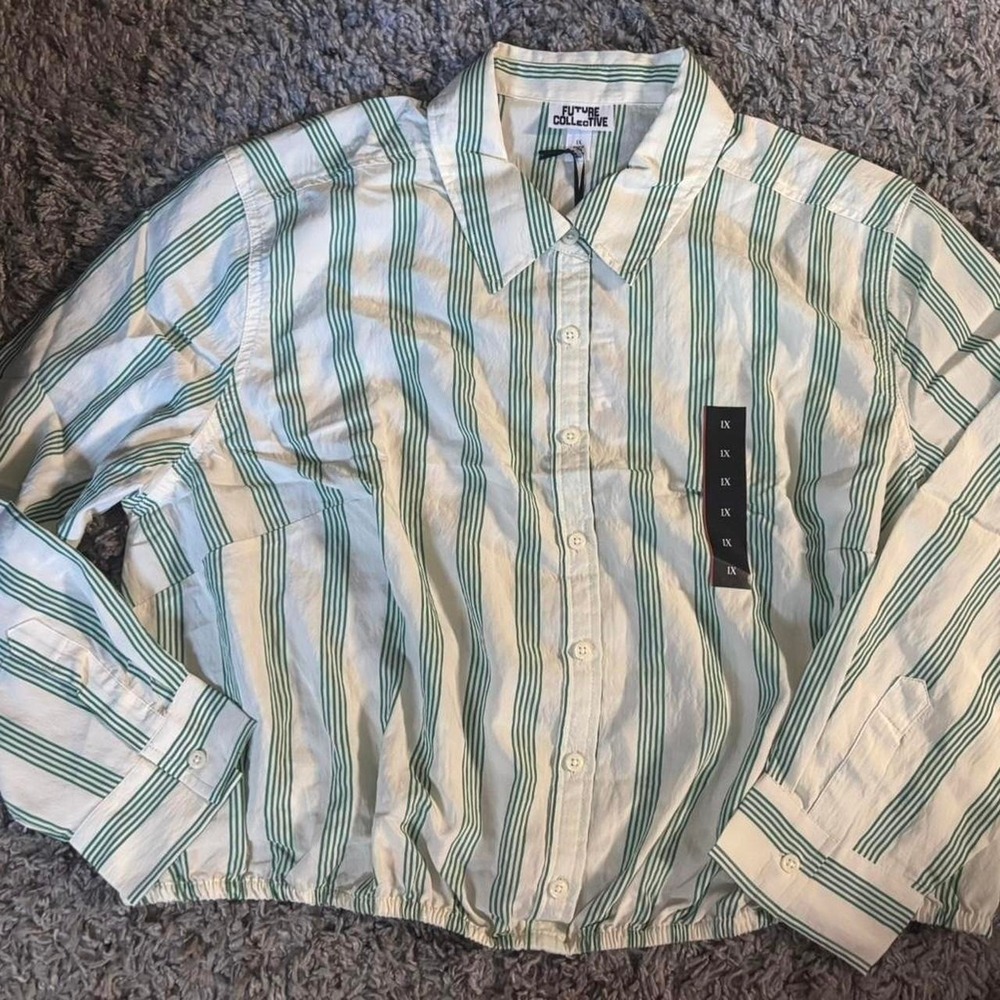 Ladies 1X Striped Green/White Button Down Shirt/Future Collective Plus Women NWT